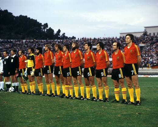 Mannschaftsfoto Belgien, v.re.: Rene Vandereycken, Wilfried van Moer, Francois van der Elst, Michel Renquin, Luc Millecamps, Raymond Mommens, Walter Meeuws, Jan Ceulemans, Eric Gerets, Torwart Jean-Marie Pfaff, Julien Cools