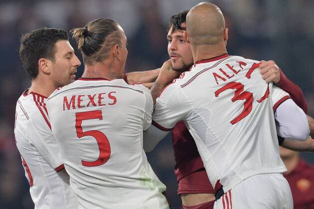 Mattia Destro Roma , Philippe Mexes Milan. Roma 20-12-2014 Stadio Olimpico. Football Calcio 2014 2015 Serie A. AS Rom vs AC Mailand AntoniettaxBaldassarre
