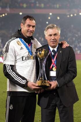(L-R) Paul Clement, Carlo Ancelotti (Real), DECEMBER 20, 2014 - Football Soccer : Real Madrid head coach Carlo Ancelotti celebrates with the trophy after winning the FIFA Club World Cup Morocco 2014 Final match between Real Madrid 2-0 San Lorenzo at Stade de Marrakech in Marrakesh, Morocco. Noxthirdxpartyxsales  (ptmb068728)