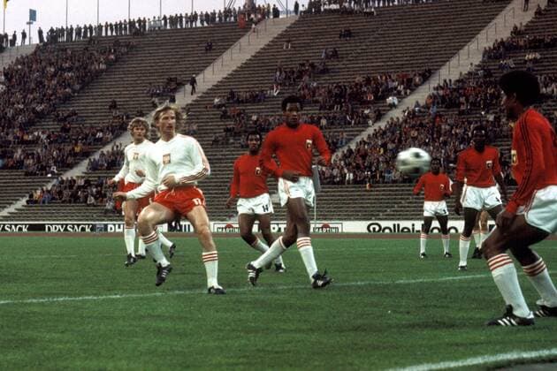 WM 1974: Andrzej Szarmach (Polen) im Spiel gegen Haiti