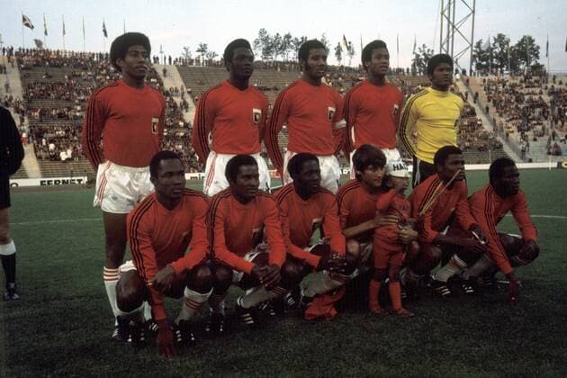 Mannschaftsfoto Haiti, hi.v.li.: Pierre Bayonne, Fritz Andre, Wilner Nazaire, Arsene Auguste, Torwart Henry Francillon, vorn: Roger Saint Vil, Eddy Antoine, Jean Claude Desir, Philippe Vorbe, Guy Francois, Emmanuel Sanon