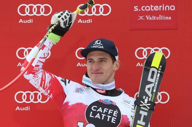 ALPINE SKIING - FIS WC Santa Caterina SANTA CATERINA,ITALY,28.DEC.14 - ALPINE SKIING - FIS World Cup, downhill men, award ceremony. Image shows the rejoicing of Matthias Mayer (AUT).