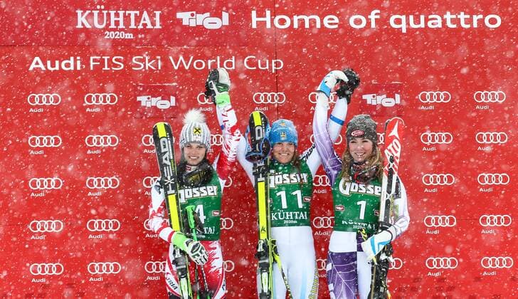 ALPINE SKIING - FIS WC Kuehtai KUEHTAI,AUSTRIA,28.DEC.14 - ALPINE SKIING - FIS World Cup, giant slalom ladies, award ceremony. Image shows the rejoicing of Anna Fenninger (AUT), Sara Hector (SWE) and Mikaela Shiffrin (USA).
