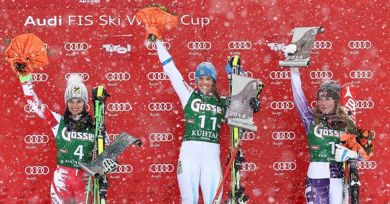 ALPINE SKIING - FIS WC Kuehtai KUEHTAI,AUSTRIA,28.DEC.14 - ALPINE SKIING - FIS World Cup, giant slalom ladies, award ceremony. Image shows the rejoicing of Anna Fenninger (AUT), Sara Hector (SWE) and Mikaela Shiffrin (USA).