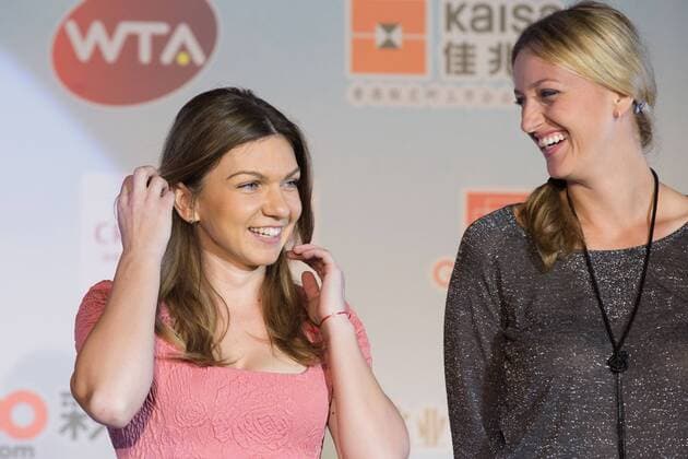 SHENZHEN, CHINA - JANUARY 05: (CHINA OUT) Simona Halep (L) of Romania and Petra Kvitova of Monaco attend the welcoming party on day two of WTA Tennis Damen Shenzhen Open at Longgang Sports Center on January 5, 2015 in Shenzhen, Guangdong province of China.  CFP461500053 