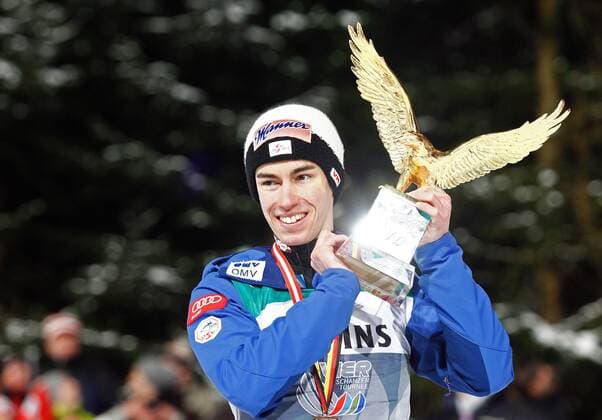 NORDIC SKIING - FIS WC Bischofshofen, Four Hills Tournament BISCHOFSHOFEN,AUSTRIA,06.JAN.15 - NORDIC SKIING, Ski jumping Skispringen Ski nordisch - FIS World Cup, Four Hills Tournament, large hill, men. Image shows the rejoicing of Tourneesieger Stefan Kraft (Sieg, Tourneesieg) (AUT). Keywords: Four Hills Tournament Trophy.