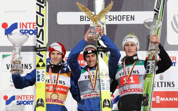 NORDIC SKIING - FIS WC Bischofshofen, Four Hills Tournament BISCHOFSHOFEN,AUSTRIA,06.JAN.15 - NORDIC SKIING, Ski jumping Skispringen Ski nordisch - FIS World Cup, Four Hills Tournament, large hill, men. Image shows Tagessieger Michael Hayboeck (Sieg), Tourneesieger Stefan Kraft (Sieg, Tourneesieg) (AUT) and Peter Prevc (SLO).