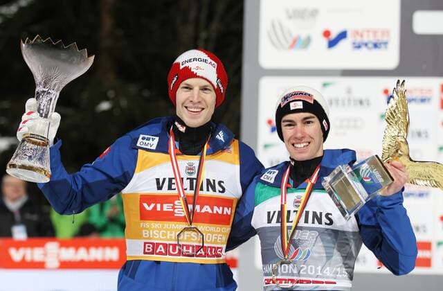 NORDIC SKIING - FIS WC Bischofshofen, Four Hills Tournament BISCHOFSHOFEN,AUSTRIA,06.JAN.15 - NORDIC SKIING, Ski jumping Skispringen Ski nordisch - FIS World Cup, Four Hills Tournament, large hill, men. Image shows Tagessieger Michael Hayboeck (Sieg) and Tourneesieger Stefan Kraft (Sieg, Tourneesieg) (AUT).