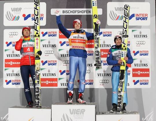 NORDIC SKIING - FIS WC Bischofshofen, Four Hills Tournament BISCHOFSHOFEN,AUSTRIA,06.JAN.15 - NORDIC SKIING, Ski jumping Skispringen Ski nordisch - FIS World Cup, Four Hills Tournament, large hill, men. Image shows Noriaki Kasai (JPN), Michael Hayböck and Stefan Kraft (AUT).