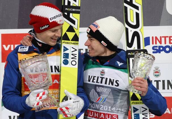 NORDIC SKIING - FIS WC Bischofshofen, Four Hills Tournament BISCHOFSHOFEN,AUSTRIA,06.JAN.15 - NORDIC SKIING, Ski jumping Skispringen Ski nordisch - FIS World Cup, Four Hills Tournament, large hill, men. Image shows Michael Hayböck and Stefan Kraft (AUT).