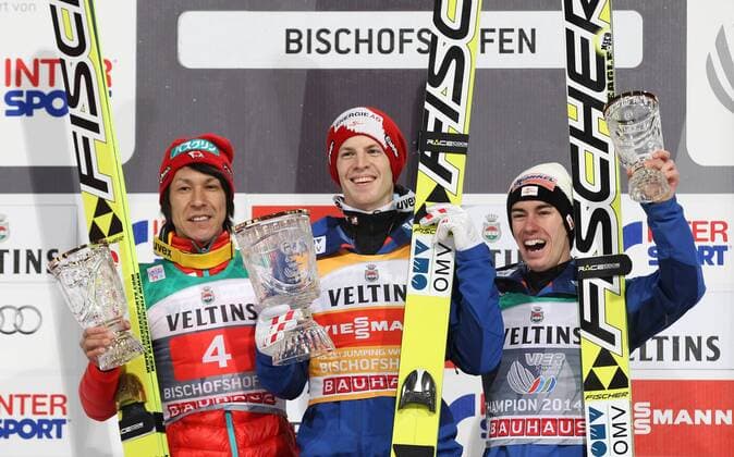NORDIC SKIING - FIS WC Bischofshofen, Four Hills Tournament BISCHOFSHOFEN,AUSTRIA,06.JAN.15 - NORDIC SKIING, Ski jumping Skispringen Ski nordisch - FIS World Cup, Four Hills Tournament, large hill, men. Image shows Noriaki Kasai (JPN), Michael Hayböck and Stefan Kraft (AUT).
