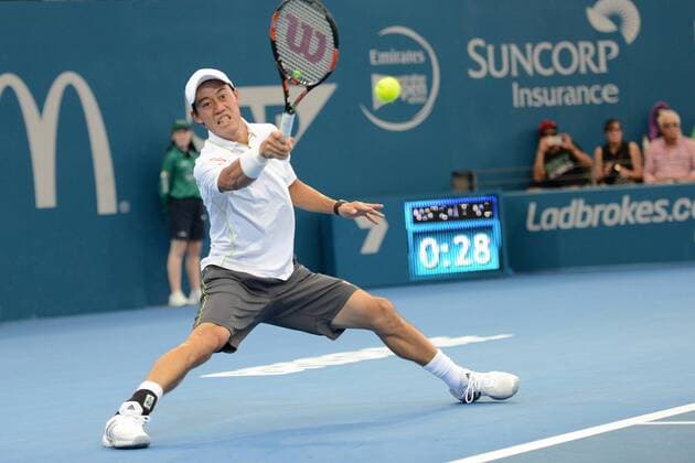 Jan 9, 2015 - Brisbane, Queensland, Australia - KEI NISHIKORI plays a shot in his quarterfinals match in the Brisbane International Tennis Tournament at the Queensland Tennis Centre. Tennis 2015 - Brisbane International - Day 6 - ZUMAl132