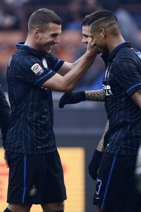 Lukas Podolski, Mauro Icardi Inter Milano 11-01-2015 Stadio Giuseppe Meazza - Football, Serie A Inter Mailand vs. Genoa CFC. giuseppexceleste