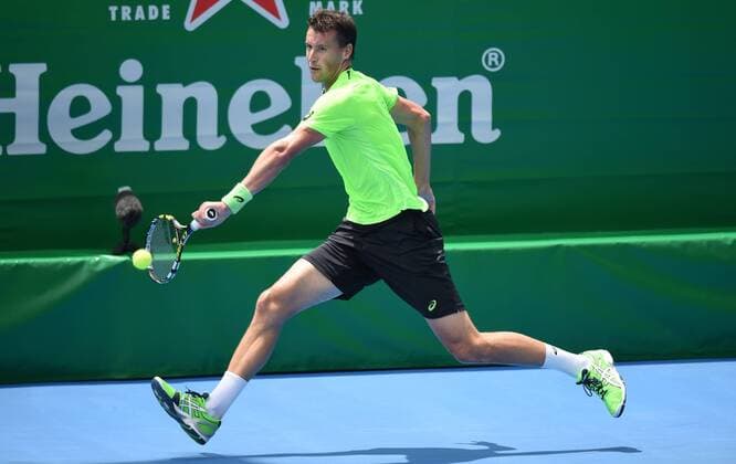 12.01.2015. Auckland, New Zealand. France s Kenny de Schepper during his first round singles match on Day 1 at the Heineken Open. Festival of Tennis, ATP Tennis Herren World Tour. ASB Tennis Centre, Auckland, New Zealand. Monday 12 January 2015. xAndrewxCornagax  ActionPlus11588786