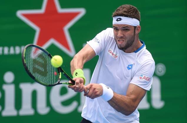 12.01.2015. Auckland, New Zealand. Czech Republic s Jiri Vesely celebrates his win during his first round singles match on day 1 at the Heineken Open. Festival of Tennis, ATP Tennis Herren World Tour. ASB Tennis Centre, Auckland, New Zealand. Monday 12 January 2015. xAndrewxCornagax  ActionPlus11588794