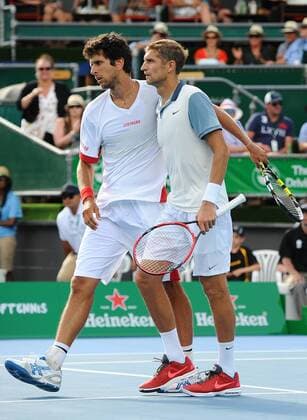 12.01.2015. Auckland, New Zealand. Brazilian player Marcelo Melo and Max Mirnyi from Belarus after winning their doubles match at the Heineken Open. ASB Tennis Centre, Auckland, New Zealand. Monday 12 January 2015. xChrisxSymesx  ActionPlus11588814