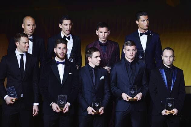 Arjen Robben, Angel di Maria, Lionel Messi, Cristiano Ronaldo, Manuel Neuer, Sergio Ramos, Phillipp Lahm, Toni Kroos, Andres Iniesta Jan. 12, 2015 - Zurich, Switzerland - The finalists for FIFA FIFPro World Xl 2014 Predictor during the FIFA Ballon DOR Kongresshaus in Zurich. Soccer 2015 - FIFA Ballon DOR 2014 - ZUMAm119
