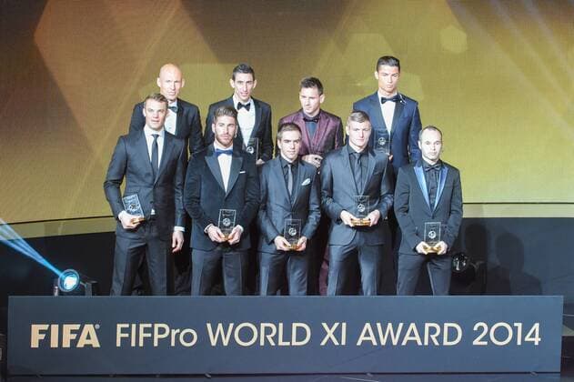 SOCCER - FIFA Ballon d Or 2014 ZURICH,SWITZERLAND,12.JAN.15 - SOCCER - FIFA World Player Gala, Ballon d Or 2014. Image shows the players of the FIFA FIFPro WORLD XI Award 2014: Arjen Robben (NED Bayern Muenchen), Angel Di Maria (ARG Manchester United ManU , Lionel Messi (ARG FC Barcelona Barca , Cristiano Ronaldo (POR Real Madrid); Manuel Neuer (GER FC Bayern München), Sergio Ramos (ESP Real Madird), Philipp Lahm (GER FC Bayern München), Toni Kroos (GER Real Madrid) and Andres Iniesta (ESP FC Barcelona).