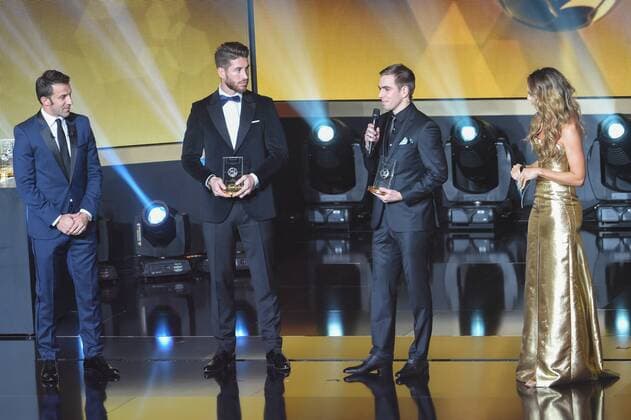 SOCCER - FIFA Ballon d Or 2014 ZURICH,SWITZERLAND,12.JAN.15 - SOCCER - FIFA World Player Gala, Ballon d Or 2014. Image shows Alessandro del Piero (Delhi Dynamos FC), Sergio Ramos (ESP Real Madird), Philipp Lahm (GER FC Bayern München) and host Kate Abdo.