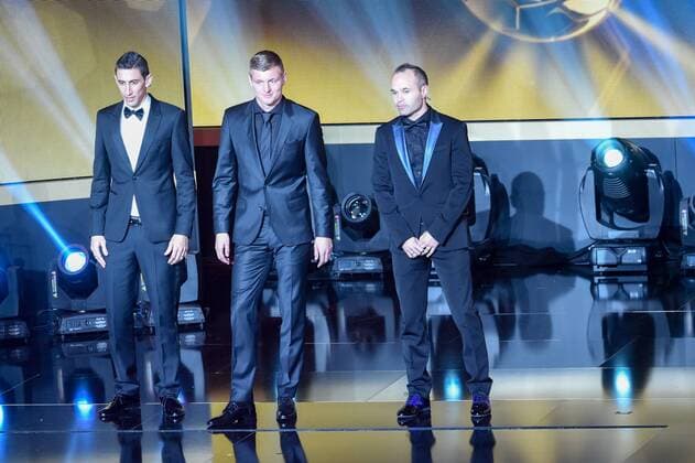 SOCCER - FIFA Ballon d Or 2014 ZURICH,SWITZERLAND,12.JAN.15 - SOCCER - FIFA World Player Gala, Ballon d Or 2014. Image shows Angel di Maria (ARG Manchester United ManU , Toni Kroos (GER Real Madrid) and Andres Iniesta (ESP FC Barcelona Barca .