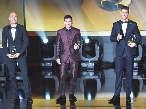 SOCCER - FIFA Ballon d Or 2014 ZURICH,SWITZERLAND,12.JAN.15 - SOCCER - FIFA World Player Gala, Ballon d Or 2014. Image shows Arjen Robben (NED Bayern Muenchen), Lionel Messi (ARG FC Barcelona Barca and Cristiano Ronaldo (POR Real Madrid).