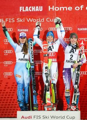 13.01.2015, HermannMaier Weltcupstrecke, Flachau, AUT, FIS Weltcup Ski Alpin, Flachau, Slalom, Damen, Siegerehrung, im Bild v.l.: Tina Maze (SLO, 2. Platz), Frida Hansdotter (SWE, 1. Platz), Mikaela Shiffrin (USA, 3. Platz) f.l.: 2nd placed Tina Maze of Slovenia, Winner Frida Hansdotter of Sweden and 3rd placed Mikaela Shiffrin of the USA celebrate on Podium during the award ceremony for the ladie s Slalom of the FIS Ski Alpine World Cup at the HermannMaier Weltcupstrecke in Flachau, Austria on 2015 01 13. EX_GRO