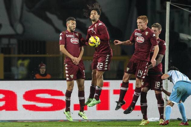 Jan. 14, 2015 - Turin, Italy - Torino forward Amauri de Oliveira (22), Torino midfielder Omar El Kaddouri (7) and Torino midfielder Alessandro Gazzi (14) stand on a kick off Coppa Italia FC Turin - Lazio Rom  - ZUMAn230