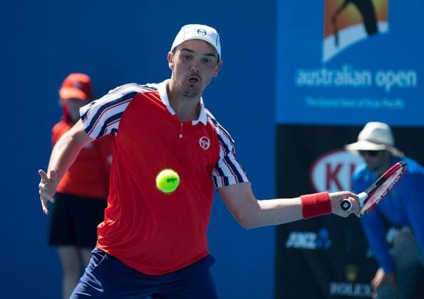 Australian Open 2015, Melbourne Park,ITF Grand Slam Tennis Tournament,.Andreas Beck(GER),Aktion,Einzelbild,Halbkoerper,Querformat,