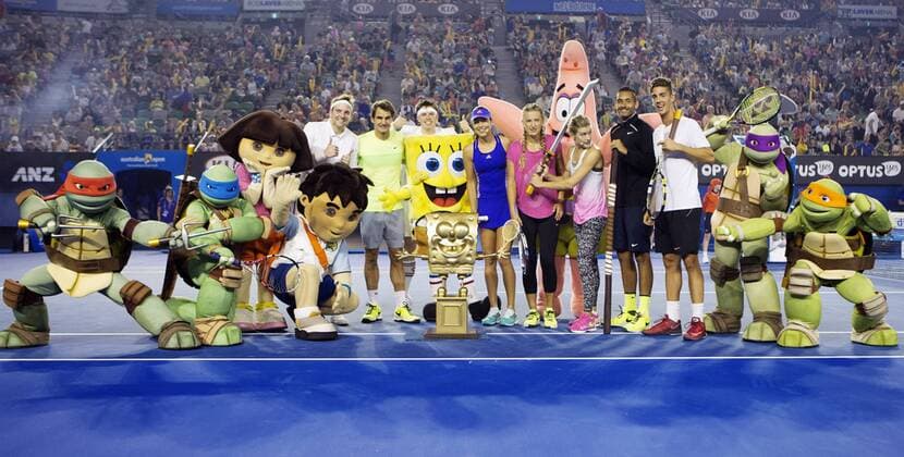 TENNIS - ATP Tennis Herren Australian Open 2015 MELBOURNE,AUSTRALIA,17.JAN.15 - TENNIS - ATP World Tours, Australian Open, preview, kids day exhibition. Image shows Roger Federer (SUI), Ana Ivanovic (SRB), Victoria Azarenka (BLR), Eugenie Bouchard (CAN), Nick Kyrgios (AUS) and Thanasi Kokkinakis (AUS).