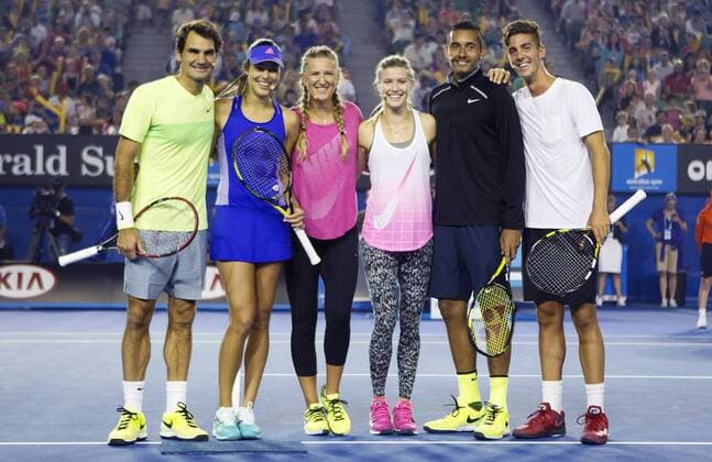TENNIS - ATP Tennis Herren Australian Open 2015 MELBOURNE,AUSTRALIA,17.JAN.15 - TENNIS - ATP World Tours, Australian Open, preview, kids day exhibition. Image shows Roger Federer (SUI), Ana Ivanovic (SRB), Victoria Azarenka (BLR), Eugenie Bouchard (CAN), Nick Kyrgios (AUS) and Thanasi Kokkinakis (AUS).