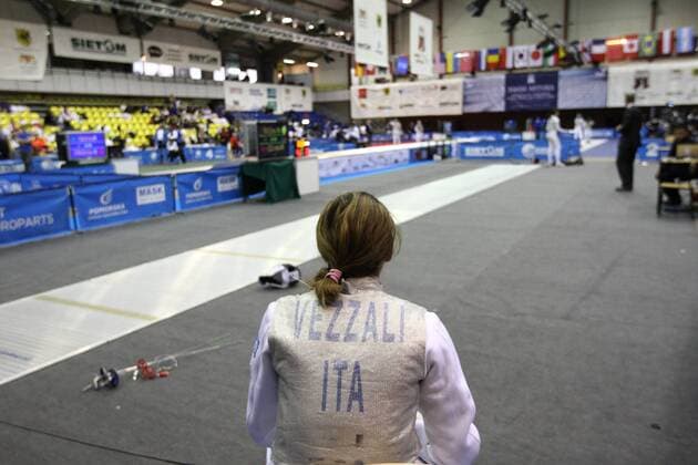 Jan. 17, 2015 - Gdansk, POLAND - Gdansk, Poland 17th, Jan. 2015 Artus Court 2015 fencing cup in Gdansk. Valentina Vezzali (ITA) fights against Camilia Manzini also from Italy. Vezzali fights during Artus Court 2015 fencing cup in Gdansk, Poland  - ZUMAn230