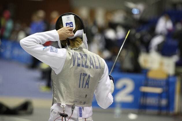 Jan. 17, 2015 - Gdansk, POLAND - Gdansk, Poland 17th, Jan. 2015 Artus Court 2015 fencing cup in Gdansk. Valentina Vezzali (ITA) fights against Camilia Manzini also from Italy. Vezzali fights during Artus Court 2015 fencing cup in Gdansk, Poland  - ZUMAn230