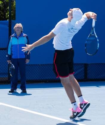Australian Open 2015, Melbourne Park,ITF Grand Slam Tennis Tournament, Jan-Lennard Struff (GER) und Trainer Christoph Reichert,Training,Ganzkoerper,