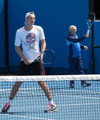 Australian Open 2015, Melbourne Park,ITF Grand Slam Tennis Tournament, Jan-Lennard Struff (GER) und Trainer Christoph Reichert,Training,Ganzkoerper,