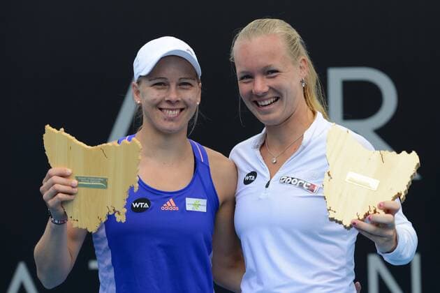 Jan 17, 2015 - Hobart, Tasmania, Australia - Doubles champs JOHANNA LARSSON of Sweden (left) and KIKI BERTENS of The Netherlands (right) pose with their trophies after winning the Hobart International Tennis tournament at the Domain Tennis Centre. Tennis 2015 - Hobart International - Day 7 - ZUMAl132