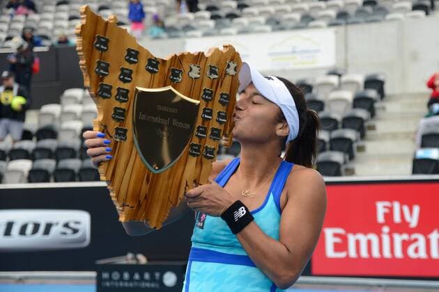 HEATHER WATSON of Great Britain poses with her trophy at the Hobart International Tennis tournament at the Domain Tennis Centre. Tennis 2015 - Heather Watson Wins Hobart International Tennis 2015 - Heather Watson Wins Hobart International - ZUMAl132