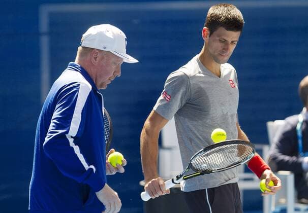 TENNIS - ATP Tennis Herren Australian Open 2015 MELBOURNE,AUSTRALIA,18.JAN.15 - TENNIS - ATP World Tour, Grand Slam, Australian Open, training. Image shows Boris Becker and Novak Djokovic (SRB).