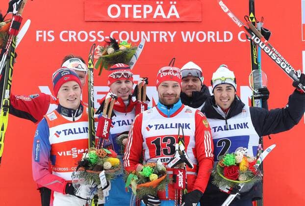 NORDIC SKIING - FIS WC Otepaeae OTEPAEAE,ESTONIA,18.JAN.15 - NORDIC SKIING, CROSS COUNTRY SKIING - FIS World Cup, team sprint, men, award ceremony. Image shows Anders Gloeersen, Finn Haagen Krogh (NOR), Sergey Ustiugov, Alexey Petukhov (RUS) and Dietmar Noeckler, Federico Pellegrino (ITA).