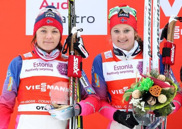 NORDIC SKIING - FIS WC Otepaeae OTEPAEAE,ESTONIA,18.JAN.15 - NORDIC SKIING, CROSS COUNTRY SKIING - FIS World Cup, team sprint, ladies, award ceremony. Image shows Maiken Caspersen Falla and Ingvild Flugstad (NOR).