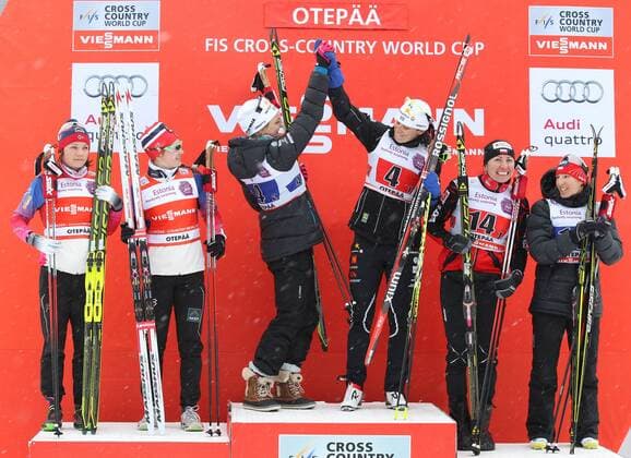 NORDIC SKIING - FIS WC Otepaeae OTEPAEAE,ESTONIA,18.JAN.15 - NORDIC SKIING, CROSS COUNTRY SKIING - FIS World Cup, team sprint, ladies, award ceremony. Image shows Maiken Caspersen Falla, Ingvild Flugstad (NOR), Stina Nilsson, Ida Ingemarsdotter (SWE) and Justyna Kowalczyk, Sylwia Jaskowiec (POL).