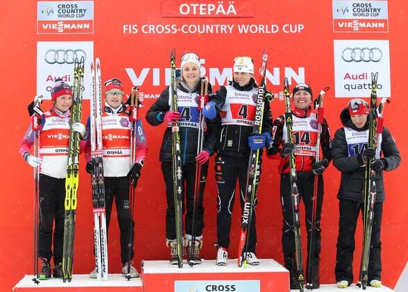 NORDIC SKIING - FIS WC Otepaeae OTEPAEAE,ESTONIA,18.JAN.15 - NORDIC SKIING, CROSS COUNTRY SKIING - FIS World Cup, team sprint, ladies, award ceremony. Image shows Maiken Caspersen Falla, Ingvild Flugstad (NOR), Stina Nilsson, Ida Ingemarsdotter (SWE) and Justyna Kowalczyk, Sylwia Jaskowiec (POL).