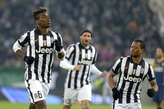 Paul Pogba, Patrice Evra Juventus goal celebration, Torino 18-01-2015, Juventus Stadium, Football Calcio 2014 2015 Serie A, Juventus Turin vs Hellas Verona filippoxalfero