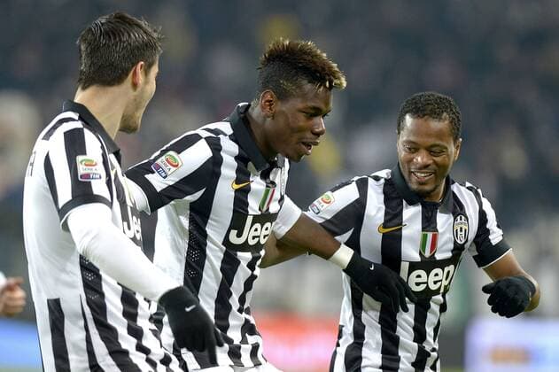 Paul Pogba, Patrice Evra Juventus goal celebration, Torino 18-01-2015, Juventus Stadium, Football Calcio 2014 2015 Serie A, Juventus Turin vs Hellas Verona filippoxalfero