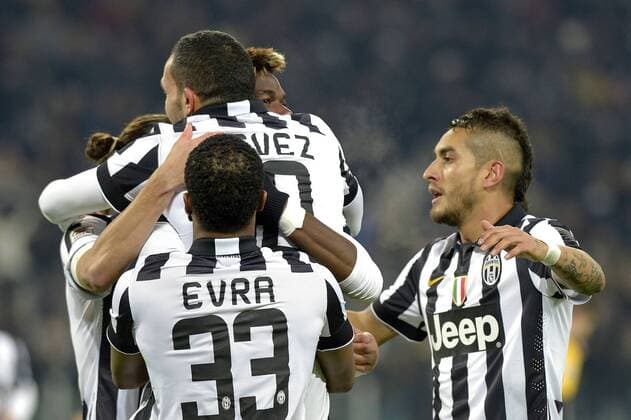 Paul Pogba, Roberto Pereyra, Carlos Tevez, Patrice Evra Juventus goal celebration, Torino 18-01-2015, Juventus Stadium, Football Calcio 2014 2015 Serie A, Juventus Turin vs Hellas Verona filippoxalfero
