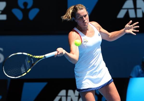 Karin Knapp of Italy returns a hit during the women s singles first round match at the 2015 Australian Open tennis tournament in Melbourne, Australia, Jan. 19, 2015. (SP) XuxYanyan 