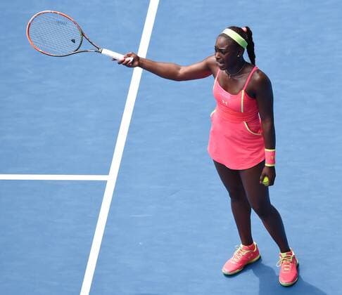 Jan. 20, 2015 - Melbourne, VICTORIA, AUSTRALIA - United States Sloane Stephens disputes a call with the chair umpire during her match on day 2 of the Australian Open tennis on Hisense Arena in Melbourne, Australia. Tennis 2015 - - ZUMAk106