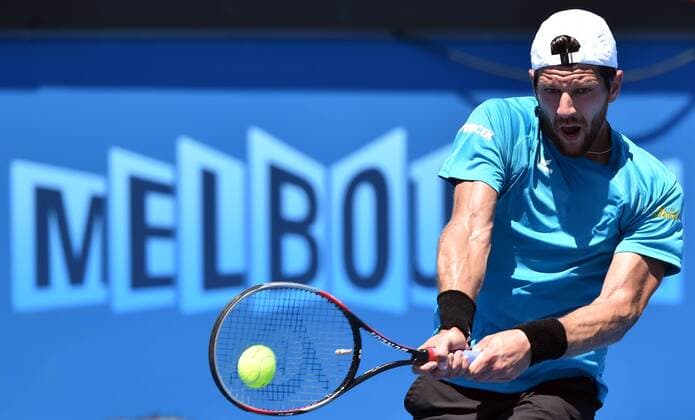 Jan. 21, 2015 - Melbourne, VICTORIA, AUSTRALIA - Austria s Jurgen Melzer in action during his match on day 3 of the Australian Open tennis on Show Court 3 in Melbourne, Australia. Tennis 2015 - Australian Open - Day 3 - ZUMAk106