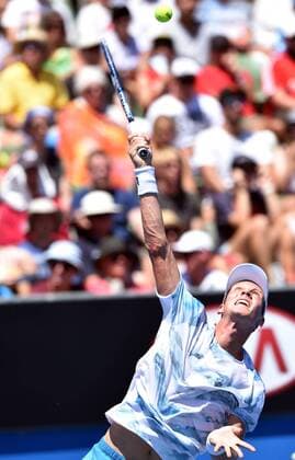 Jan. 21, 2015 - Melbourne, VICTORIA, AUSTRALIA - Czech Republic s Tomas Berdych in action during his match on day 3 of the Australian Open tennis on Show Court 3 in Melbourne, Australia. Tennis 2015 - Australian Open - Day 3 - ZUMAk106