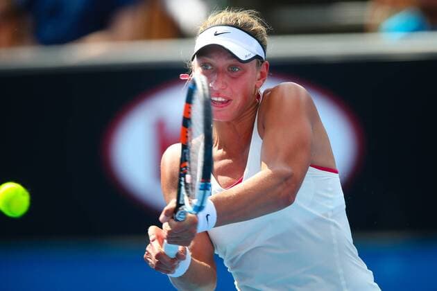 - MELBOURNE, AUSTRALIA: Belgian Yanina Wickmayer plays a backhand at a tennis game between Belgian Yanina Wickmayer WTA Tennis Damen 80) and Spanish Lara Arruabarrena (WTA 91), in the second round of the women s singles at the Australian Open Grand Slam tournament, Wednesday 21 January 2015 in Melbourne Park, Melbourne, Australia. Wickmayer won 6-4, 4-6, 6-4. PATRICKxHAMILTON  x04550035x