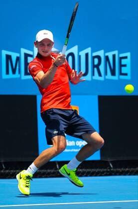 - MELBOURNE, AUSTRALIA: Belgian David Goffin plays a forehand at a tennis game between beteen Belgian David Goffin ATP Tennis Herren 22) and Cypriot Marcos Baghdatis (ATP 78), in the second round of the men s singles at the Australian Open Grand Slam tournament, Wednesday 21 January 2015 in Melbourne Park, Melbourne, Australia. Goffin lost the game in four sets. PATRICKxHAMILTON  x04550161x